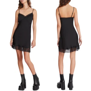 Steve Madden Veera Lace Trim Slipdress Mini Dress Women's Medium Black Satin NWT - Picture 1 of 13