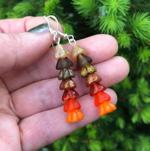 Brown Orange Red Flower Earrings. Floral Czech Glass Flower Stack Earrings - Picture 1 of 16