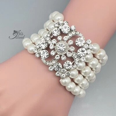 Women Gorgeous Stretch Bracelet Crystal Cream White Glass pearl Multi-Strand 56 - Image 1 of 4