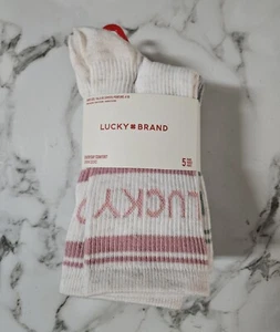 Lucky Brand Women's Crew Socks 5 Pairs Everyday Comfort Pink/Gray/Cream Logo - Picture 1 of 8