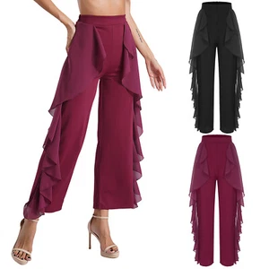 Womens Pants Ballroom Straight Gowns Trousers Elastic Waistband Ruffled Adult - Picture 1 of 35