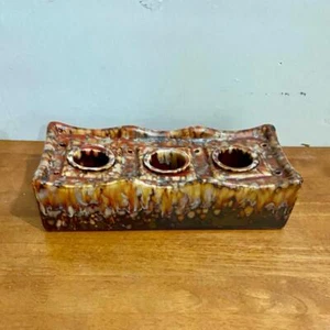 Orange Brown Drip Glazed Trio Candle Holder  11.5in L x 5in W x 2.5in H - Picture 1 of 8