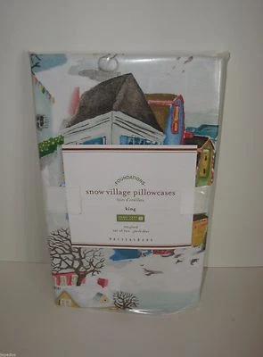 Fronhas de algodão Pottery Barn Snow Village King cidade de inverno férias de Natal - Imagem 1 de 4
