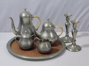 Juego de té de peltre Royal Holland 7 piezas asas envueltas en mimbre candelabros vintage - Imagen 1 de 24
