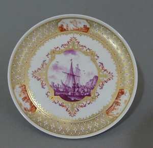 ⚔ Meissen Teller Prunkteller ø17,8cm Seeprospektmalerei purpur rot 1.Wahl TOP - Picture 1 of 9
