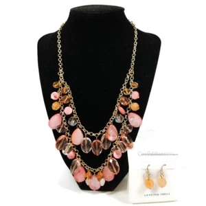 Croft & Barrow Double Strand Necklace Earring Set Genuine Shell Pink Gold Tone - Picture 1 of 5