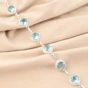 Genuine Sky Blue Topaz Gemstone Handmade 925 Silver Chain Bracelet Gift For Love - Picture 1 of 2