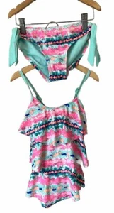 Justice Swimsuit Two Piece Tankini Girls Sz 7 Pink Metallic Print Ruffles Tiered - Picture 1 of 11