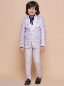 Kids 5 Piece Checkered Cotton Blend Coat Pant Suit Set For Boys - Picture 1 of 29