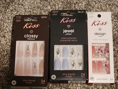 NEW! Kiss High Fashion Glamor Nails bundle. 1 Med 1 Long 1 ExtL. 24 in each box. - Image 1 of 4