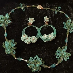Vintage, Retro Blue & Green Bead Necklace and Clip On Earrings West Germany - Picture 1 of 9