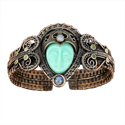 Зеленый резной камень медь подарок маме проволока обернутая манжета регулируемый браслет - Изображение 1 из 4
