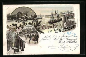 Lithographie Düsseldorf, Kunsthalle, Theater am Hofgarten, Wehr mit Segelschiff  - Picture 1 of 2