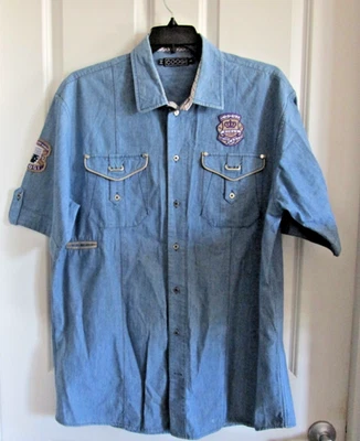 Coogi Men’s X XL Denim Shirt Short Sleeve Button Front Pockets Embroidered Patch - Image 1 of 4