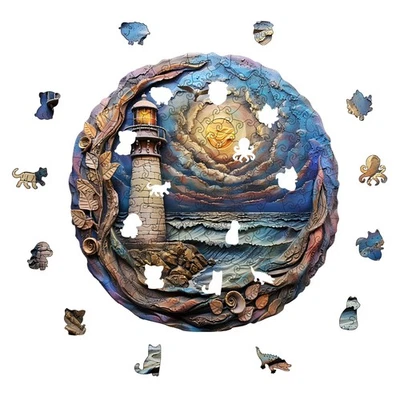 Lighthouse Round Jigsaw Puzzle – Hidden Animal Pieces, Coastal Sunset - Image 1 of 4