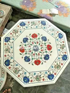 24" White Marble Drink Table Top Semi Precious Floral Inlaid Living Room Decor - Picture 1 of 3