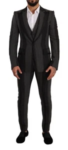 DOLCE & GABBANA Suit Black Gray Striped Slim Fit 3 Piece EU48 / US38 / M - Picture 1 of 12