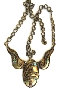 Artisan Signed Distressed Brass Necklace w/Turquoise  29" Flowery Plant Design - Picture 1 of 5