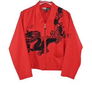 JAMIE SADOCK Jacket Womens Size M Red Black Dragon Embroidered Zip Front Pockets - Picture 1 of 12