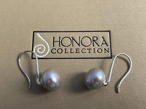 NEW Honora 925 Sterling Grey Button Pearl Wire Drop Earring & Leather Pouch - Picture 1 of 6