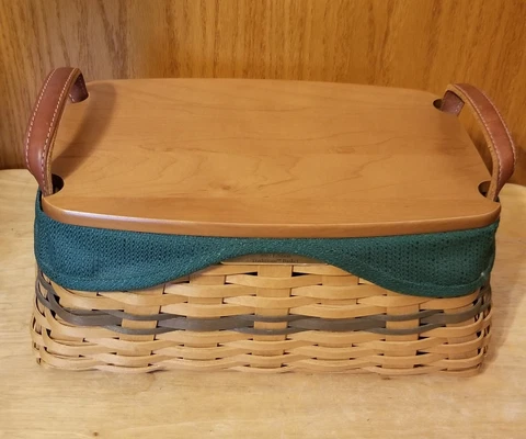 2002 Longaberger Christmas Traditions Basket Lid, Green Liner Leather Handles Cover
