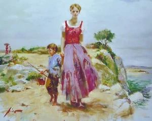 PINO Daeni CLIFFSIDE RETREAT Mother & Child HAND EMBELLISHED SIGNED Canvas COA - Picture 1 of 5