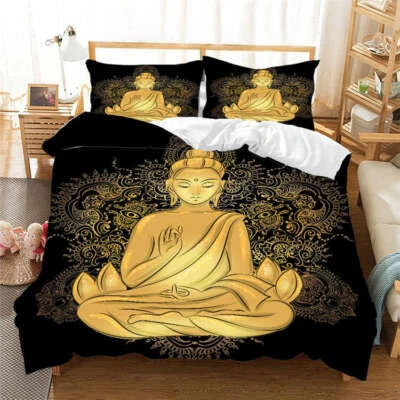 ALL MURAL Lotus Golden Buddha Make A Wish 3D Quilt Duvet Doona Cover Set Pillow case Print