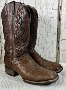 Cavendars Men's 8D Ostrich Print Brown Square Toe Western Boots #CVPM238-7 READ - Picture 1 of 12