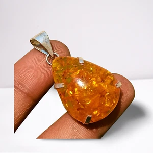 Baltic Amber Gemstone Prong Pendant 925 Sterling Silver Plated Glowing Jewelry - Picture 1 of 5