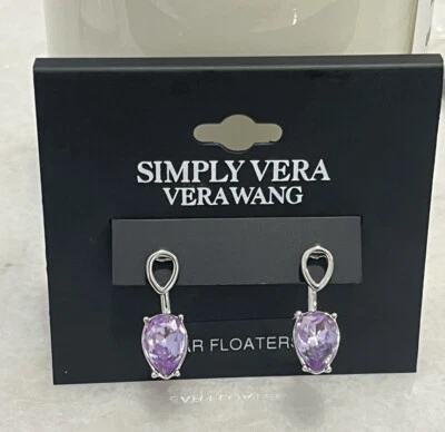 Pendientes flotantes simples Vera Wang imitación piedra púrpura tono plata Foto 1 de 2