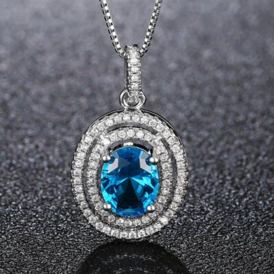 New Quality Oval Shaped Titanic Ocean Blue Topaz Gems Silver Necklace Pendants - Image 1 of 4
