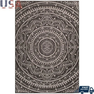 Alfombra exterior gris 5x7 patrón medallón alfombra interior exterior resistente a la intemperie Foto 1 de 4