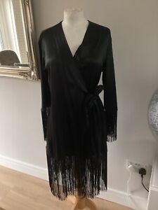 victoria secret black Satin fringe dressing gown/kimono Size Xs/s New With Tags
