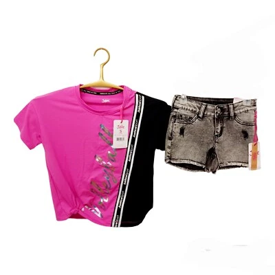 Justice Girls Short Set-7/8-Distressed Classic Blackwash Denim Shorts-T-Shirt - Image 1 of 4