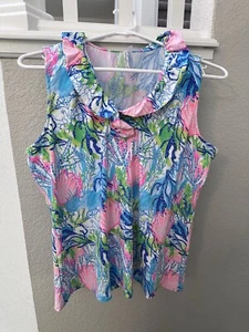 Lulu B Blue Pink Seashell Ruffle Sleeveless SPF50+ Tank Top Sea Life Large - Picture 1 of 15