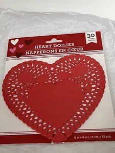 Heart Paper Doilies  -RED -Raised “Love” & Roses Print- 30 Count - 6 in x 6 in - Picture 1 of 7