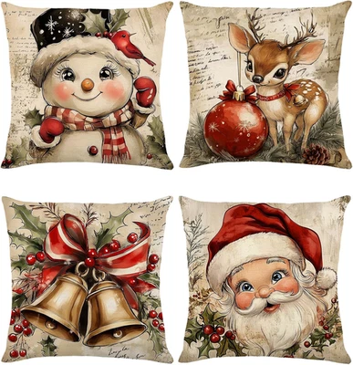 Juego de 4 Fundas de Almohada de Navidad 18x18 Lino Retro Vintage Cojín de Vacaciones 🎄✨ Foto 1 de 4