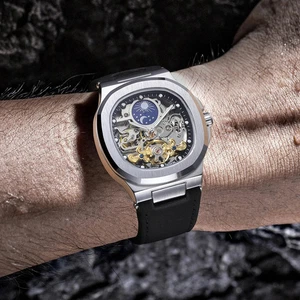 Luxus Eckige Herrenuhr Saphir Tourbillon Skelett Automatik Mondphase - Bild 1 von 17