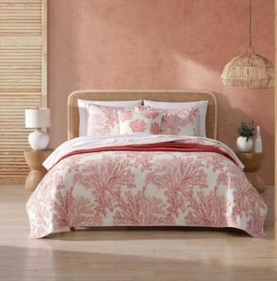 Tommy Bahama Queen Quilt + 2 Shams Коралловый Сад Белый Коралловый Новый Двусторонний - Изображение 1 из 4