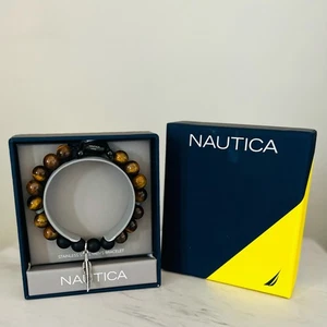 NAUTICA Tiger Eye Beaded Feather Charm Bracelet, Uni Sex, Brown/Black, NWT - Picture 1 of 15