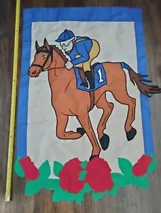 Vtg Kentucky Derby Horse Race Applique Flag Run For The Roses Nylon 45" x 28" - Picture 1 of 5
