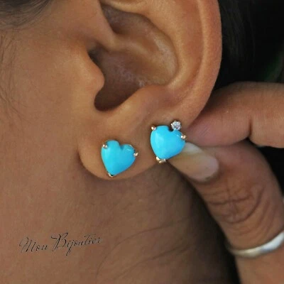 Pendientes solitario corazón turquesa oro 14k signo de amor tachuelas joyería 3,18 quilates Foto 1 de 4