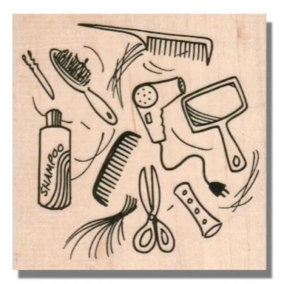 Wood Rubber Stamp, Hair Stylist Background, Scissors, Comb, Brush, Mirror,Bottle - Image 1 of 2