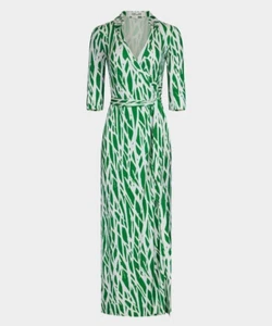 Diane Von Furstenberg DVF Twig Silk Wrap Maxi Dress Size M Green White - Picture 1 of 9