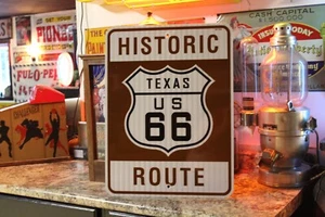 RARE TEXAS US ROUTE 66 HWY MOTHER ROAD METAL SIGN HISTORIC DOT 9-06 GAS FORD - Picture 1 of 8