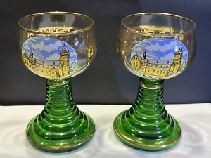 2 deutsche Weingläser - Goldrand mit geripptem grünem Stiel 5" Ramsfein Pfalz Vintage - Bild 1 von 15