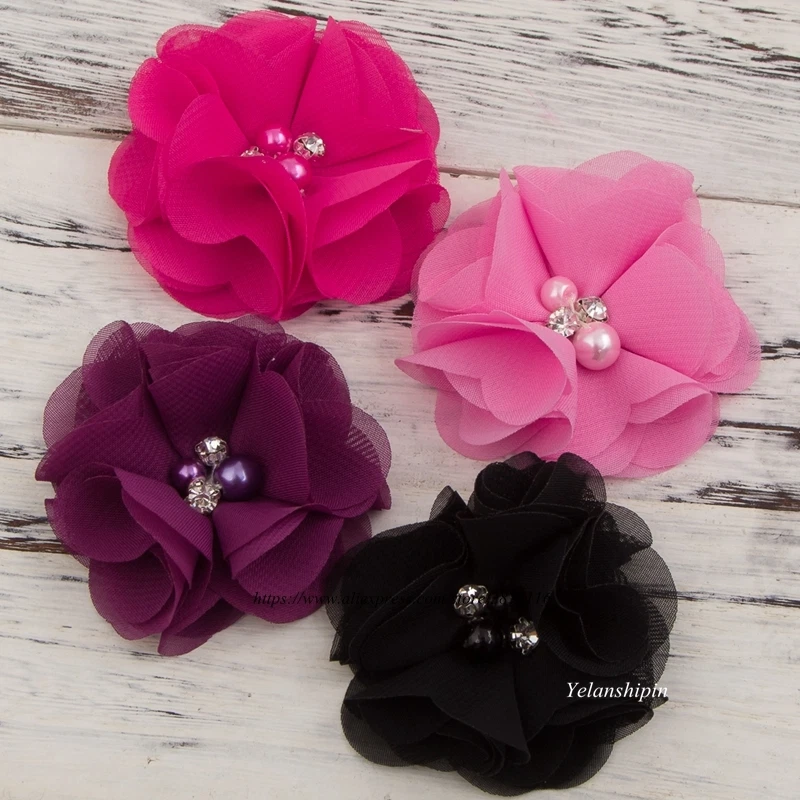 120PCS Mini Chiffon Fabric Flowers Pearl Rhinestone For Hair Clips Accessory DIY - Image 1 of 4