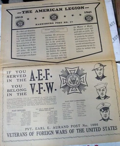 Cartel publicitario de periódico de página completa 1941 AEF VFW LEGIÓN AMERICANA Post 27 EE Aurand PA - Imagen 1 de 4