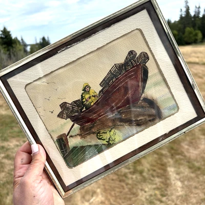 Downeast Maine Coastal Scene Vintage Original Painting Lobster Traps Skiff - Image 1 of 4