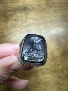 10k White Gold Ring Intaglio Hematite Stone 6.7g Size 10.25 Marked H.N. Handmade - Picture 1 of 12